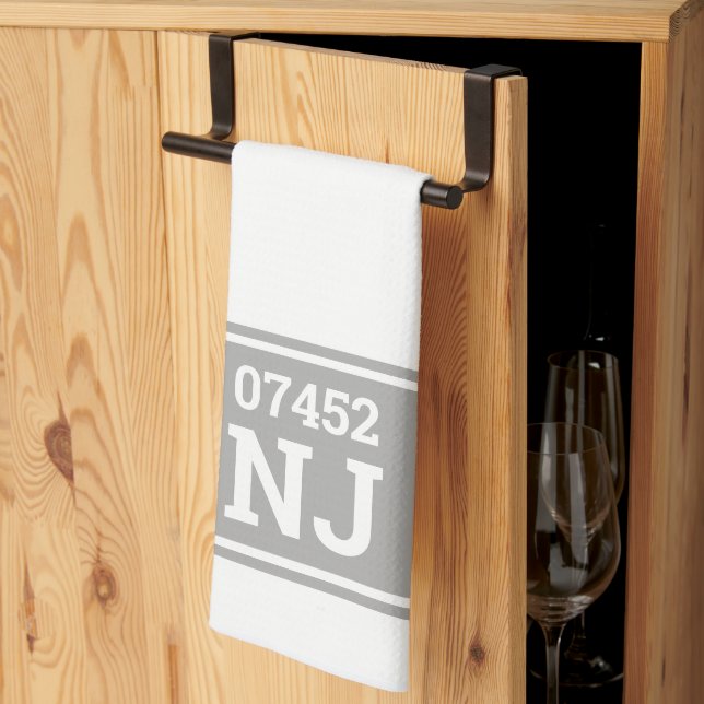 Custom Zip Code & State Housewarming Gift Gray Kitchen Towel (Thirds Fold)