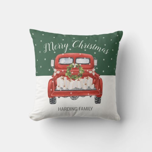 Custome Merry Christmas Vintage Red Truck Green Throw Pillow