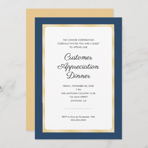 Customer Appreciation Dinner  Navy Blue and Gold Invitation