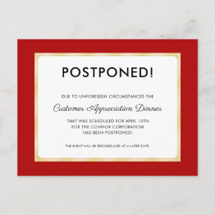 Customer Appreciation Dinner Postponed Red Postcard