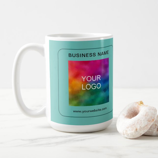 Customer Business Logo Name Url QR Code Teal Coffee Mug (With Donut)