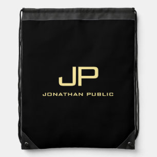Customer Faux Gold Monogram Name Template Black Drawstring Bag