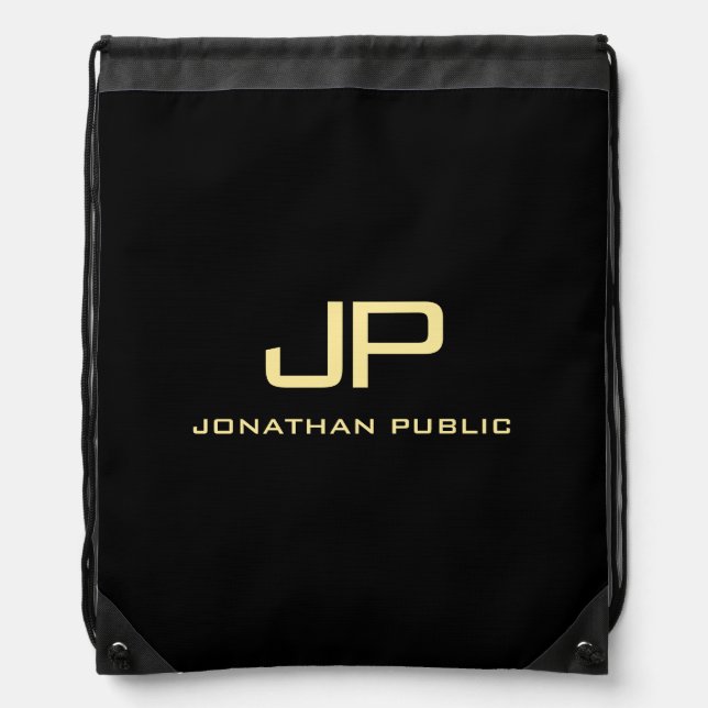 Customer Faux Gold Monogram Name Template Black Drawstring Bag (Front)