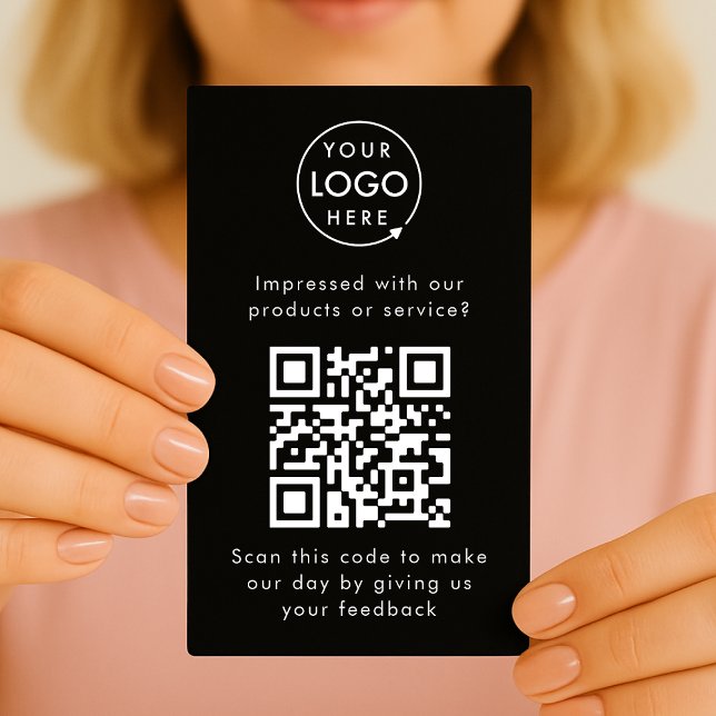 Customer Feedback | QR Code Black Business Review Card (Branded customer feedback handout enclosure cards with interactive QR code & your company logo.)