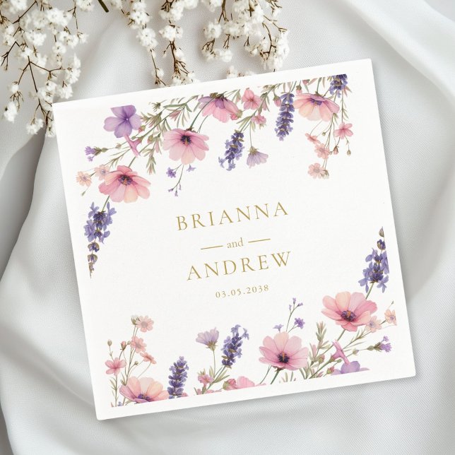 Customer specific Floral Wedding  Napkins (Personalized Customer specific Floral, Pink + Purple  Wedding Napkins with your name and date.)