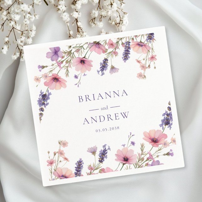 Customer specific Floral Wedding  Napkins (Personalized Customer specific Floral, Pink + Purple  Wedding Napkins with your name and date.)