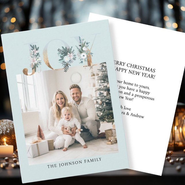 Customer specific "Joy-Merry Christmas Holiday Card (Customer specific "Joy-Merry Christmas" light-blue-gold, photo holiday card. )