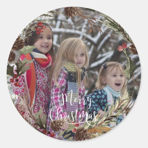 Customer specific Merry Christmas Photoe Wreath   Classic Round Sticker