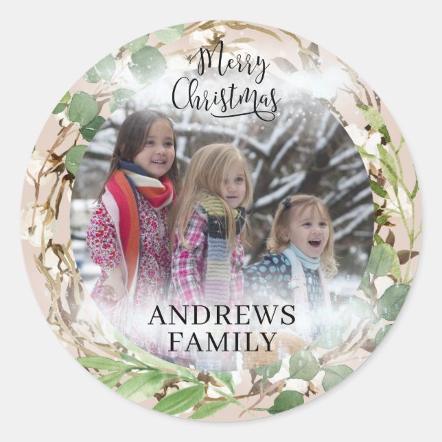 Customer specific Photo Merry Christmas! Wreath   Classic Round Sticker (Front)