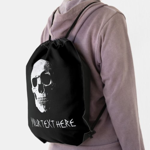 Customer Text Template Black  White Pop Art Skull Drawstring Bag