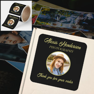 Customer Thank You Yellow & Black Script 1 Photo Square Sticker
