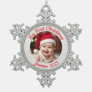 Customisable Baby's First Christmas Snowflake Pewter Christmas Ornament
