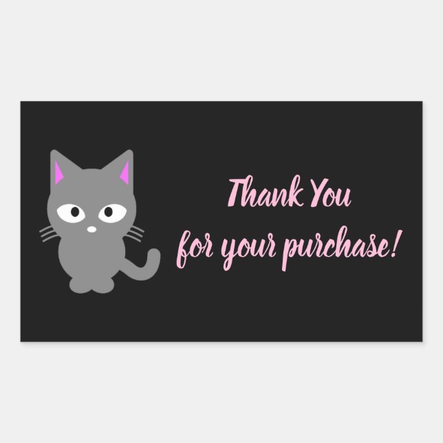 Customisable black Thank You sticker with gray cat (Front)