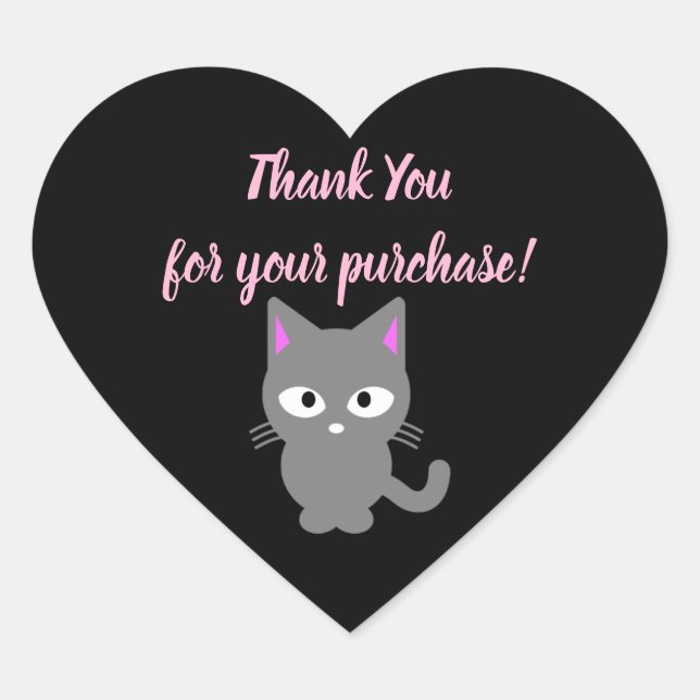Customisable black Thank You sticker with gray cat (Front)