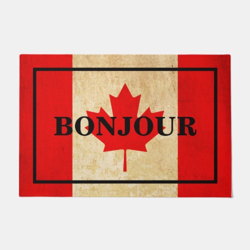 CUSTOMISABLE BONJOUR text on vintage CANADA flag Doormat