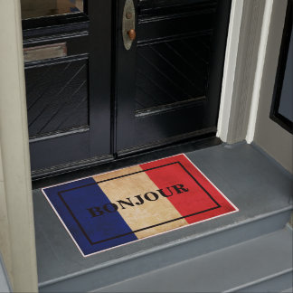 CUSTOMISABLE BONJOUR text on vintage FRANCE flag Doormat