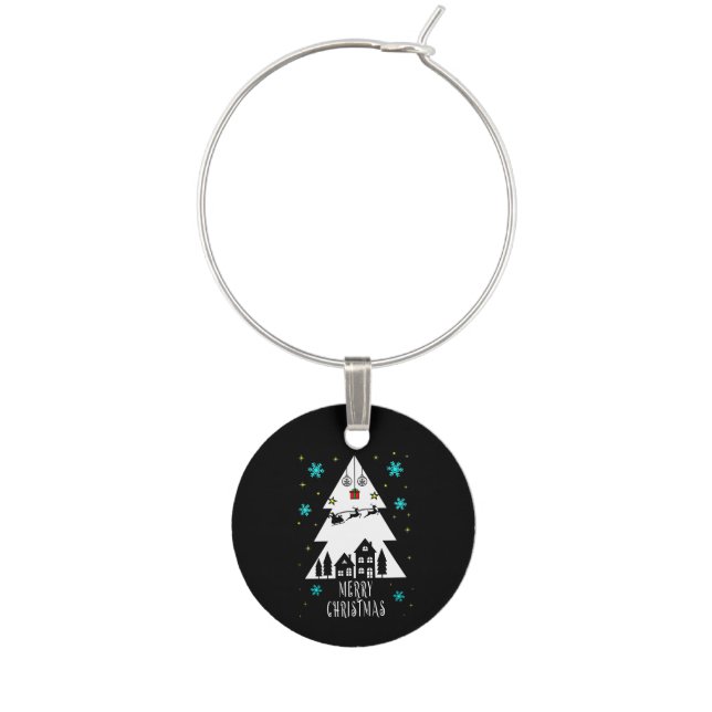 Customisable Christmas tree design with sleigh bla Wine Charm (Front)