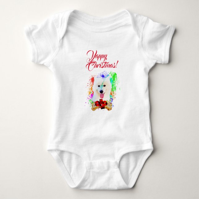 Customisable Cute Samoyed Dog Yappy Christmas Baby Bodysuit (Front)
