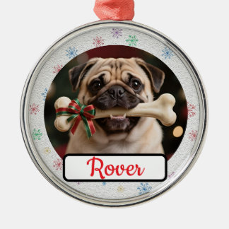 Customisable Dog And Bone Pet Owner's Round Xmas Metal Ornament