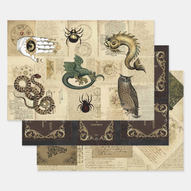 Customisable Dragon Magical Beasts Grimoire  Wrapping Paper Sheets (Set)