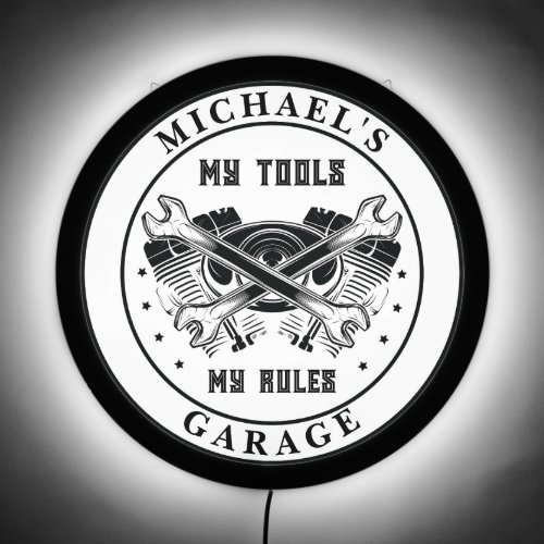 Customisable Garage Name Black And White LED Sign