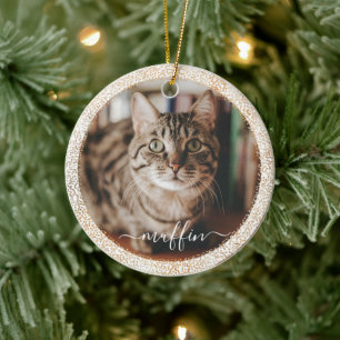 Customisable Pet Cat Photo Gold Glitter Christmas Ceramic Ornament