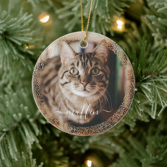 Customisable Pet Cat Photo Gold Glitter Christmas Ceramic Ornament (Tree)