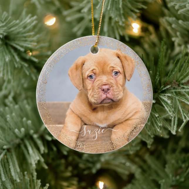 Customisable Pet Dog Photo Gold Glitter Ceramic Ornament (Tree)