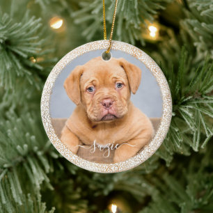 Customisable Pet Dog Photo Gold Glitter on White Ceramic Ornament