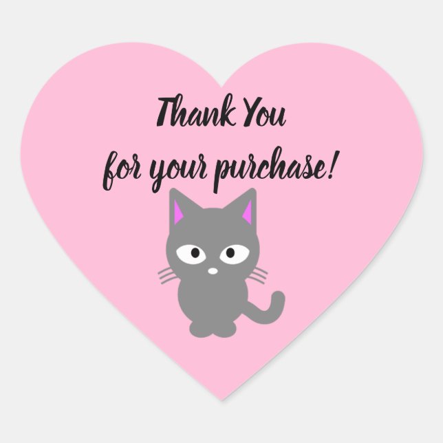 Customisable pink Thank You sticker with gray cat (Front)