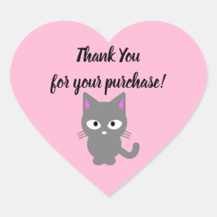 Customisable pink Thank You sticker with gray cat