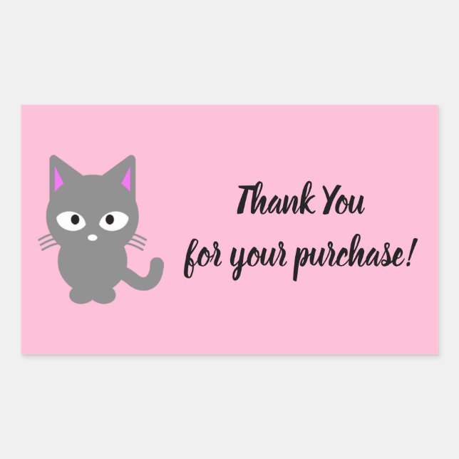 Customisable pink Thank You sticker with gray cat (Front)