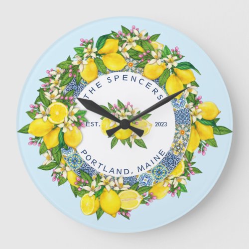 Customisable Sicilian Majolica Tiles Floral Lemon  Large Clock