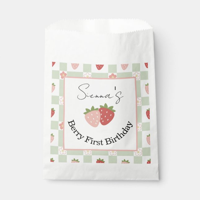Customisable Strawberry Gingham First Birthday Favor Bag (Front)