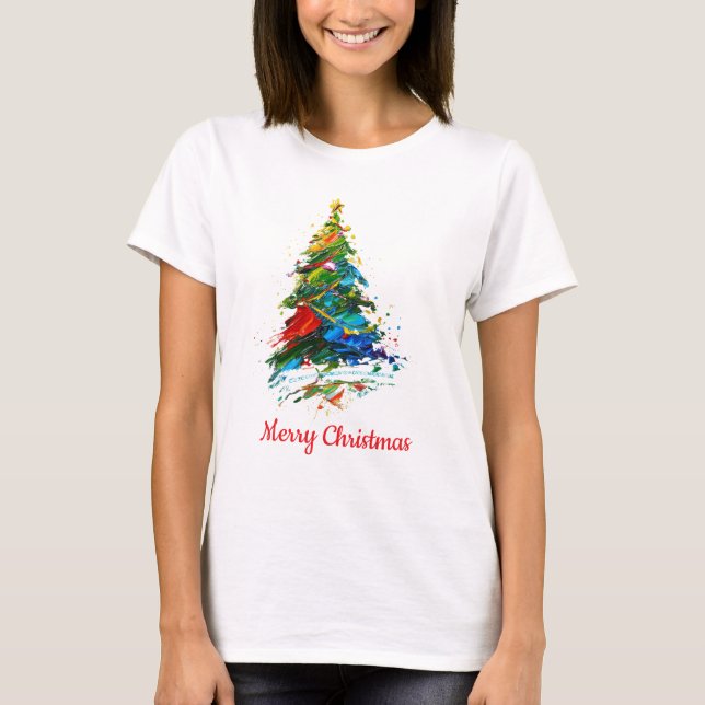 Customisable Text Christmas Tree Oil Painting T-Shirt (Front)