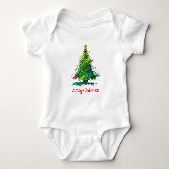 Customisable Xmas Tree Oil Painting Shortsleeve Baby Bodysuit (Front)