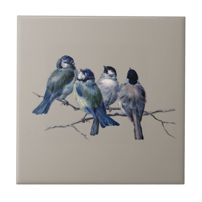 Customise lovely vintage art blue birds on branch tile (Front)