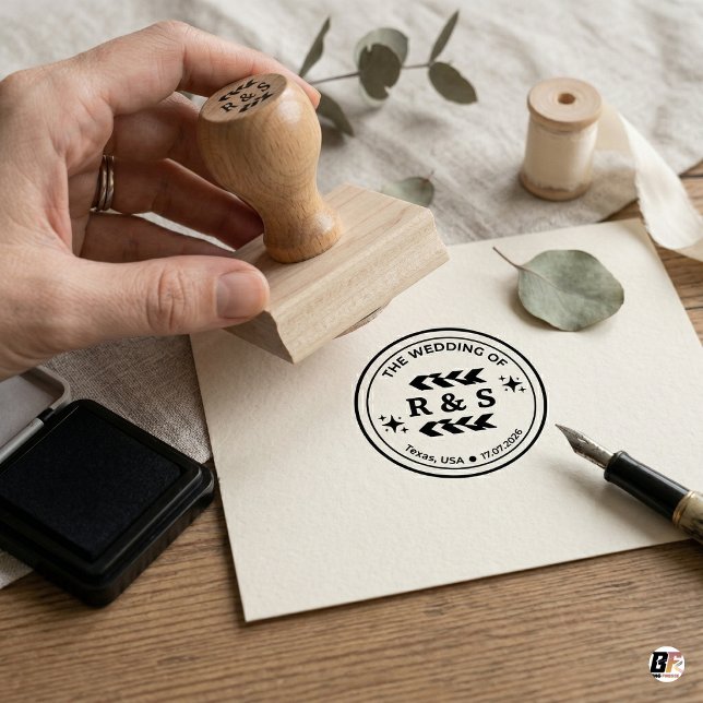Customised Minimalist Boho Initials & Date Wedding Rubber Stamp (Creator Uploaded)