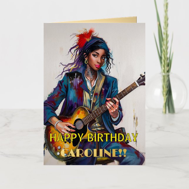 Customised Rebel Girl Guitarist Art Inspirational Foil Greeting Card (Front)