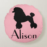 Customizable 1950's Pink Poodle Skirt Round Pillow<br><div class="desc">Break out your bobby socks and saddle shoes and start dancing! This Customizable 1950's Pink Poodle Skirt Inspired Round Pillow looks like a classic 1950s poodle skirt. The design features a black silhouette of a poodle on a pink background. Personalize it with the recipient's name. It's beginning to look a...</div>