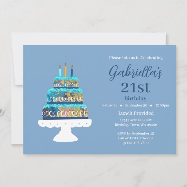 Customizable 21st Birthday Blue Layered Cake Invitation (Front)
