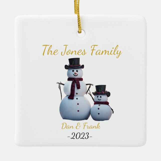 Customizable 2 person Family Snowmen Ceramic Ornament (Front)
