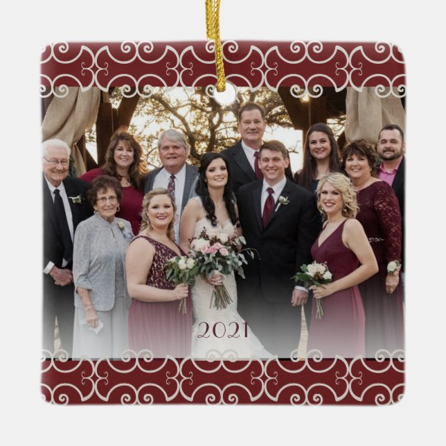 Customizable  2 Sided Burgundy Elegant Scrolls Ceramic Ornament (Front)
