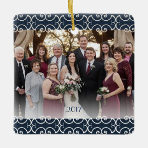 Customizable 2 Sided Navy Blue Elegant Scrolls Ceramic Ornament