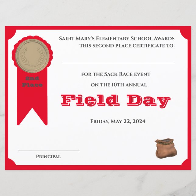 Customizable 2nd Place Award Certificate (Front)