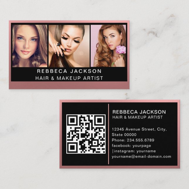 Customizable 3 Photo Salon Makeup Hair stylist  Business Card (Front/Back)