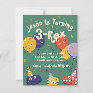 Customizable 3-Rex Dino Kids Birthday Invitation