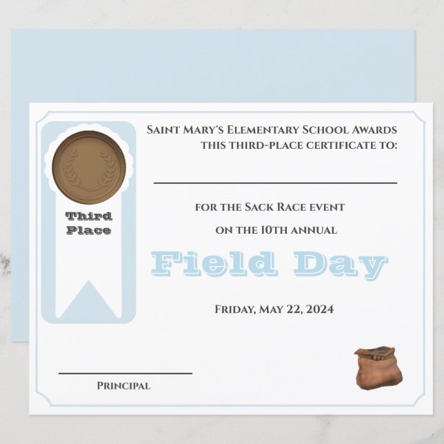 Customizable 3rd Place Award Certificate (Front/Back)