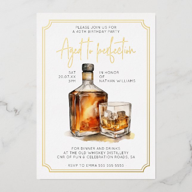 Customizable 40th Birthday Whiskey Real Gold Foil Invitation (Front)