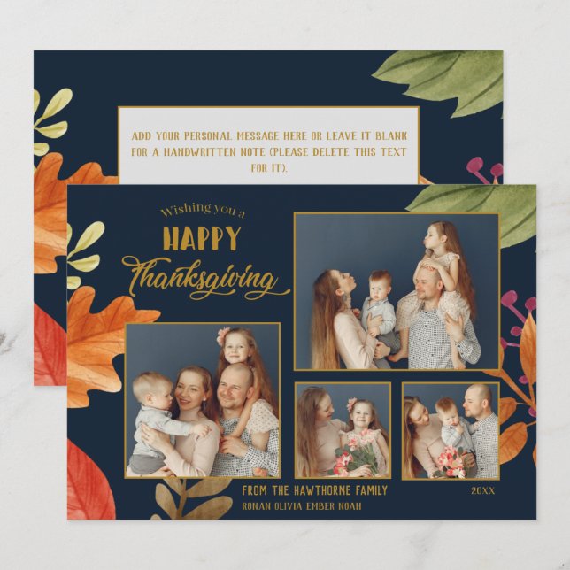 Customizable  4 Family Photos Thanksgiving Blue Card (Front/Back)